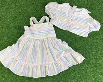 True Vintage 60s BabyTogs Pastel Striped Spring Tulip Button 2pc Dress Set Sz 2T