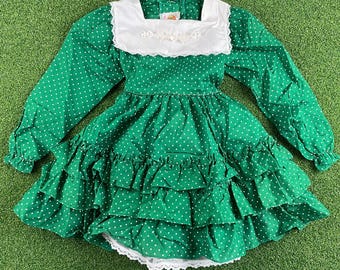 Vintage 90s Winnie The Pooh Green Polka Dot Lace Trim Frilly Toddlers Dress Sz 4T