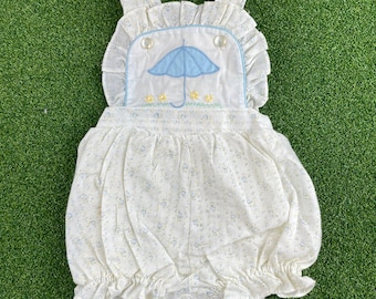 Vintage Petit Jouet White Ditsy Floral Ruffle Overall Bubble Romper Sz 3-6Mon