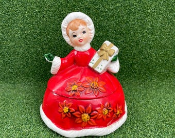 Vintage Lefton Christmas Poinsettia Girl Ceramic Trinket Box