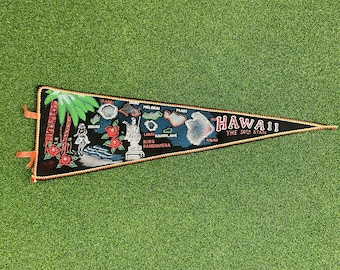 Vintage Hawaii Felt Pennant Map Islands Tiki Travel Souvenir Black Mid Century