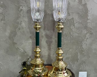 Vintage Lot Brass Table Candlestick Lamps Green Crystal Shade 20"H