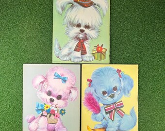 Vintage 1970 Lot of 3 Colonial Studios Frameable Kitsch Puppy Dog Print 11"x14"