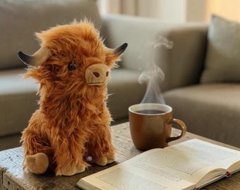 Highland Cow Plush Toy, Fluffy Stuffed Cow Doll, Cute Scottish Cattle Plushie, Soft Animal Gift for Kids, Nursery Decor