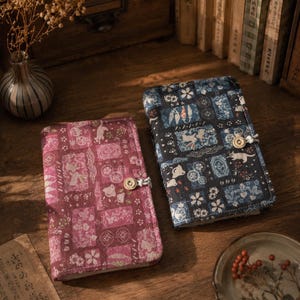 Japanese Fabric A6 Notebook | Cat Rabbit Patchwork Journal, Refillable Textile Cover