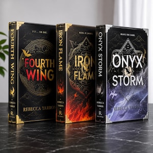 May include: Three hardback books titled Fourth Wing, Iron Flame, and Onyx Storm by Rebecca Yarros. Each black book features metallic corner accents, intricate gold or silver geometric designs, dragon illustrations, and unique colour gradients.