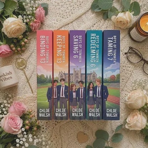 May include: Five books from the Boys of Tommen series by Chloe Walsh, titled Binding 13, Keeping 13, Saving 6, Redeeming 6, and Taming 7, featuring illustrated covers of students in school uniforms in front of a large building.