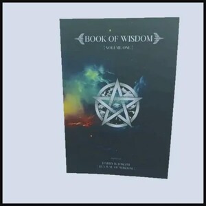 May include: A rectangular book titled Book of Wisdom Volume One with a dark cover featuring a central silver pentagram symbol containing an eye. The background displays a colourful nebula effect with shades of blue, green, yellow, and red.