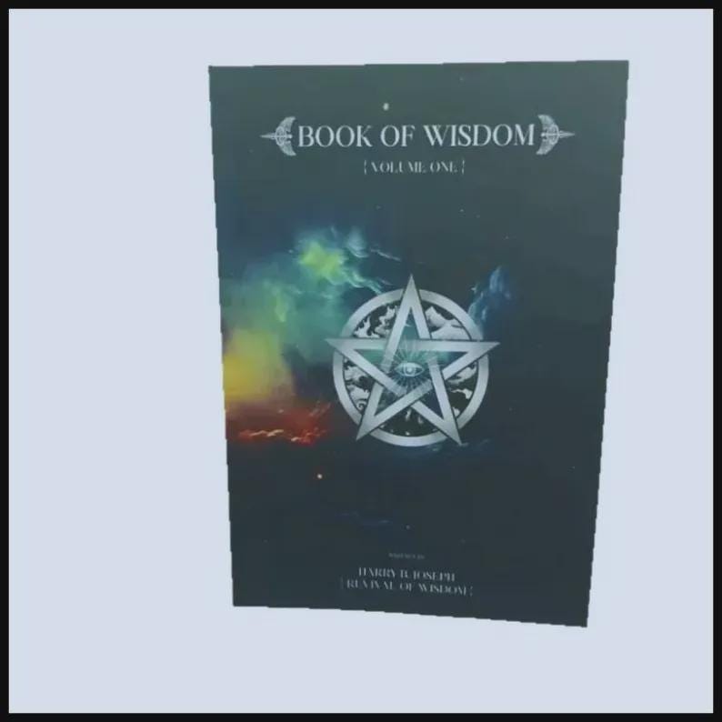 May include: A rectangular book titled Book of Wisdom Volume One with a dark cover featuring a central silver pentagram symbol containing an eye. The background displays a colourful nebula effect with shades of blue, green, yellow, and red.