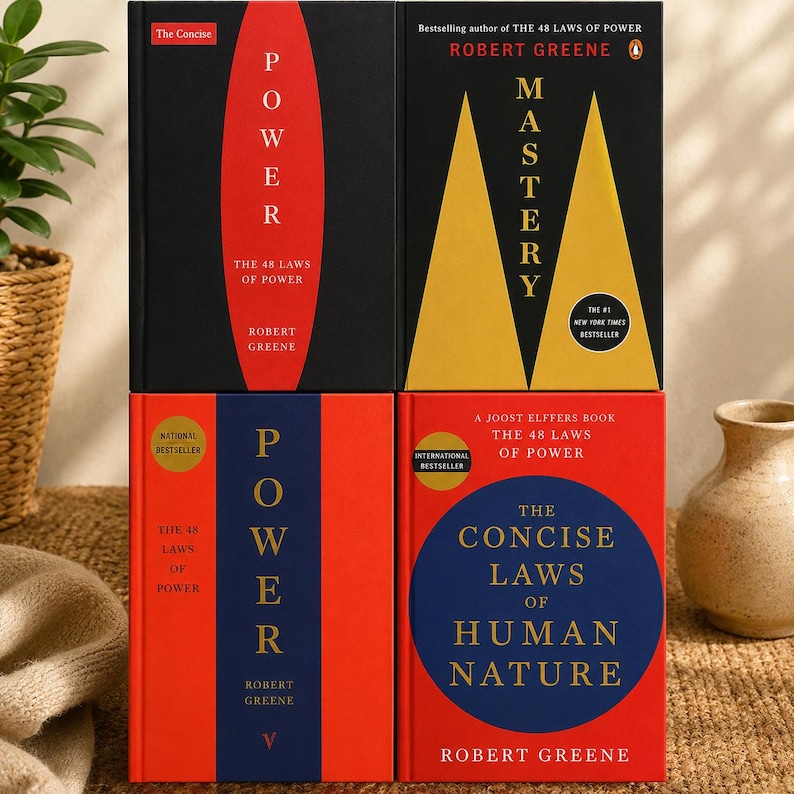 K&ouml;nnte beinhalten: Eine Sammlung von vier gebundenen B&uuml;chern von Robert Greene. Oben links ein schwarzes Buch mit rotem Oval und dem Text The Concise The 48 Laws of Power. Oben rechts ein schwarzes Buch mit gelben Dreiecken und dem Text Mastery. Unten links ein rot-blaues Buch mit dem Text Power. Unten rechts ein rotes Buch mit blauem Kreis und dem Text The Concise Laws of Human Nature.