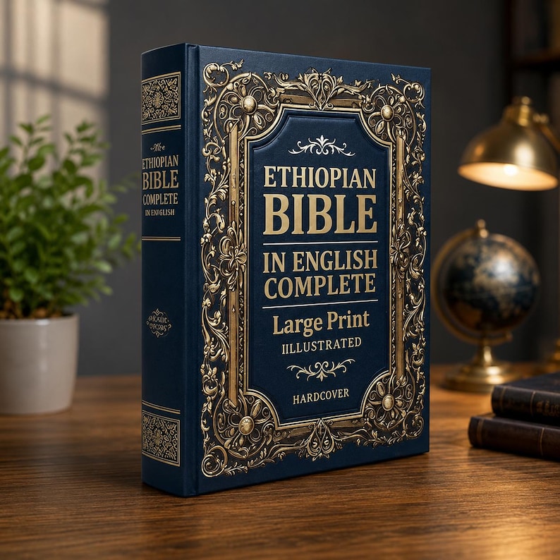 May include: A dark blue hardcover book titled Ethiopian Bible in English Complete Large Print Illustrated. The front cover features intricate gold filigree borders and decorative floral patterns surrounding the gold text. The spine also displays gold text.