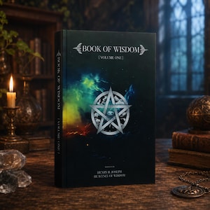 May include: A hardback book titled Book of Wisdom Volume One with a dark cover featuring a silver pentagram emblem, a central eye, and colourful nebula clouds. The text Henry B. Joseph Heavenly of Wisdom is printed at the bottom of the front cover.
