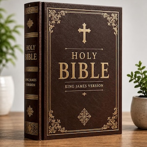 May include: A dark brown hardcover Holy Bible with gold embossed lettering and decorative filigree borders. The front cover features a central cross symbol above the text Holy Bible King James Version, with matching text on the book spine.