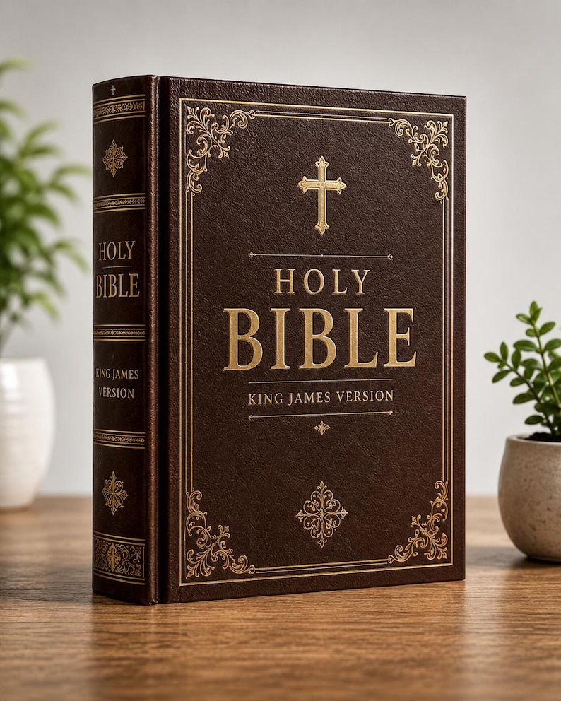 May include: A dark brown hardcover Holy Bible with gold embossed lettering and decorative filigree borders. The front cover features a central cross symbol above the text Holy Bible King James Version, with matching text on the book spine.