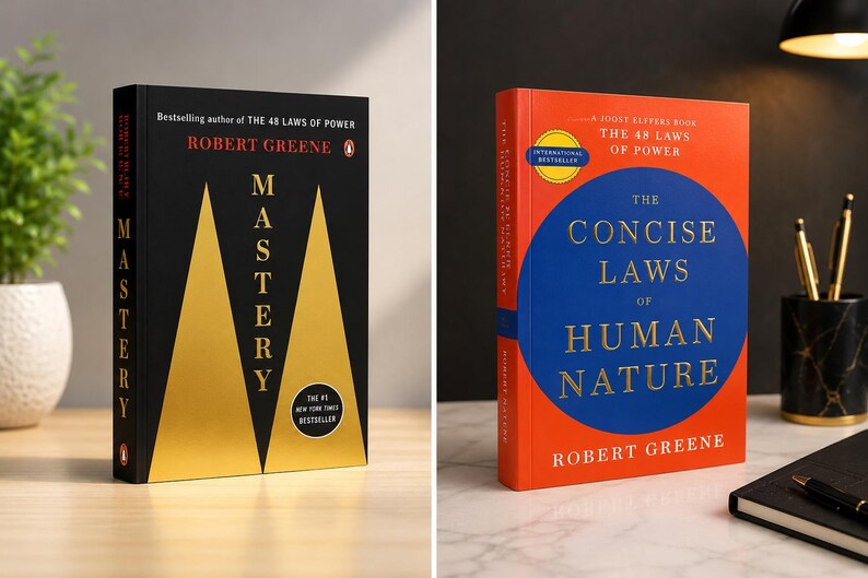 K&ouml;nnte beinhalten: Zwei B&uuml;cher von Robert Greene. Das linke Buch ist schwarz mit goldenen Dreiecksformen und dem Titel Mastery. Das rechte Buch ist orange mit einem gro&szlig;en blauen Kreis und dem Titel The Concise Laws of Human Nature in goldener Schrift.