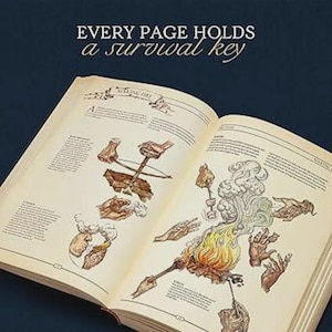 Może przedstawiać: Otwarta książka z kremowymi stronami zawierająca szczeg&oacute;łowe ilustracje technik rozpalania ognia oraz tekst. Na g&oacute;rze strony widnieje napis "EVERY PAGE HOLDS a survival key". Ilustracje przedstawiają dłonie używające narzędzi do rozpalania ognia.