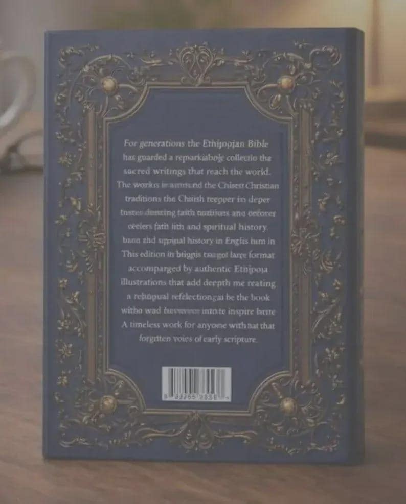 May include: A dark blue hardcover book featuring an ornate gold-colored filigree border on the back cover. The center contains printed text about the Ethiopian Bible and a barcode at the bottom. The design includes intricate scrollwork patterns.