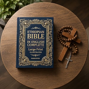 May include: A dark blue hardcover book titled ETHIOPIAN BIBLE IN ENGLISH COMPLETE Large Print ILLUSTRATED with gold ornate filigree borders. Beside the book lies a wooden cross with brown prayer beads and a silver crucifix pendant attached.