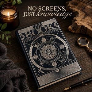 Może przedstawiać: Czarna książka w twardej oprawie ze złotymi geometrycznymi i kolistymi wzorami na okładce. Tekst głosi THE BOOK oraz NO SCREENS, JUST KNOWLEDGE. Okładka zawiera skomplikowane wzory, w tym centralną gwiazdę i motywy kołowe.