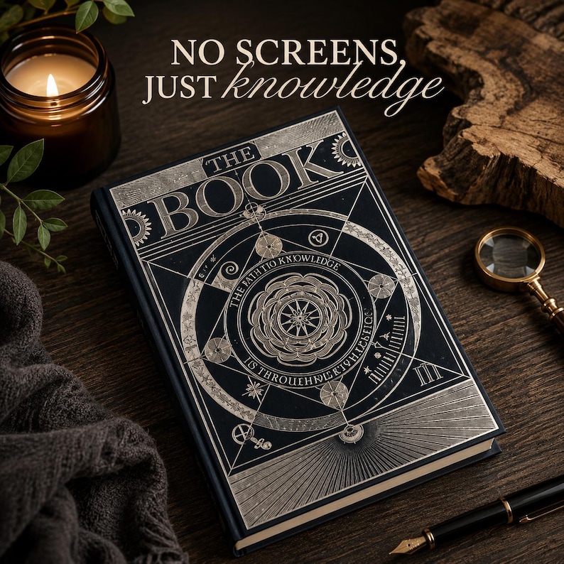 Może przedstawiać: Czarna książka w twardej oprawie ze złotymi geometrycznymi i kolistymi wzorami na okładce. Tekst głosi THE BOOK oraz NO SCREENS, JUST KNOWLEDGE. Okładka zawiera skomplikowane wzory, w tym centralną gwiazdę i motywy kołowe.