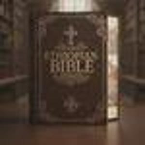 May include: A dark brown hardcover book titled ETHIOPIAN BIBLE in gold lettering on the front cover. The cover features an ornate, decorative border and a central cross symbol above the text. The book is standing upright with a visible spine.