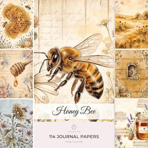 Könnte beinhalten: Eine Sammlung von 114 Journal-Papieren mit dem Titel Honey Bee, die Illustrationen von Bienen, Waben, Honiglöffeln, Sonnenblumen und ländlichen Landschaften in warmen Gelb- und Brauntönen mit Vintage-Schrift-Hintergründen zeigen.