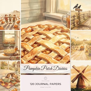 Könnte beinhalten: Eine Sammlung von 120 Journal-Papieren mit dem Titel Pumpkin Patch Diaries von Folio Junk, bestehend aus einer Collage von Aquarellillustrationen, darunter ein Kuchen mit Gitterkruste, Vogelscheuchen auf einem Kürbisfeld, ein Bauernhaus und eine Windmühle.