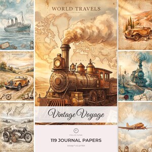 Vintage Travel Junk Journal Pages, Vintage Voyage Printable Kit, Antique Map Scrapbook Papers, Wanderlust Ephemera Pack