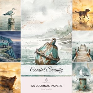 Puede incluir: Una colección de 120 papeles de diario Coastal Serenity con ilustraciones en acuarela de una gaviota en un poste, un perro en la playa, una furgoneta en un acantilado, un muelle, un barco y una boya. El texto dice Coastal Serenity 120 JOURNAL PAPERS.