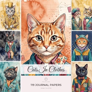 Könnte beinhalten: Eine digitale Sammlung von 119 Journal-Papieren mit dem Titel Cats In Clothes, die verschiedene Aquarell-Illustrationen von Katzen in menschlicher Kleidung wie Anzügen, Hüten und Regenmänteln vor vintage-inspirierten Hintergründen zeigt.