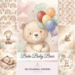 Könnte beinhalten: Eine digitale Sammlung von 120 Journal-Papieren mit dem Titel Boho Baby Bear, die Aquarellillustrationen eines Teddybären mit bunten Luftballons, Regenbögen, Herzen und Sternen in sanften Pastelltönen auf beigem Hintergrund zeigt.