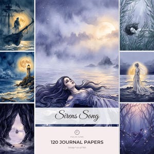 Könnte beinhalten: Eine Sammlung von 120 Journal-Papieren mit dem Titel Sirens Song, die verschiedene Illustrationen im Aquarellstil von nautischen und fantastischen Szenen zeigen, darunter eine Person im Wasser, ein Leuchtturm, ein Schiff und ein Wald, im US-Letter-Format mit 300dpi.