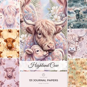 Könnte beinhalten: Eine digitale Sammlung von 131 Journal-Papieren mit Highland-Rind-Illustrationen. Die Designs zeigen verschiedene Rinder mit floralen Akzenten, sanften Pastellfarben und Mustern. Der Text Highland Cow und 131 JOURNAL PAPERS ist sichtbar.