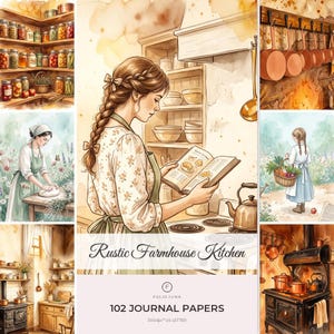 Könnte beinhalten: Eine digitale Sammlung von 102 Journal-Papieren mit dem Titel Rustic Farmhouse Kitchen, die Aquarellillustrationen einer Person beim Lesen eines Kochbuchs, Küchenregale mit Gläsern, hängende Kupferpfannen und einen Holzofen zeigt.