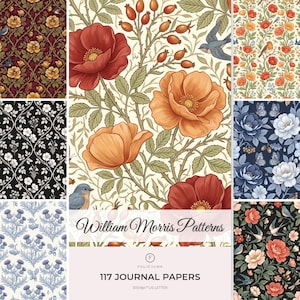 Könnte beinhalten: Eine digitale Sammlung von 117 Journal-Papieren mit dem Titel William Morris Patterns, die verschiedene Blumen- und Vogelmotive in den Farben Dunkelrot, Schwarz, Marineblau und Creme zeigt, mit dem Text William Morris Patterns 117 JOURNAL PAPERS.
