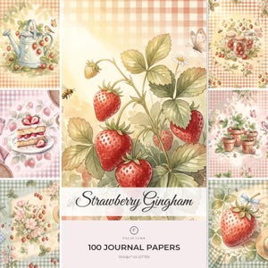 Könnte beinhalten: Eine digitale Sammlung von 100 Journal-Papieren mit dem Titel Strawberry Gingham, die Illustrationen von Erdbeeren, Ranken, Blättern, Schmetterlingen, Bienen, einer Gießkanne, einem Stück Kuchen und Topfpflanzen auf karierten Hintergründen in sanften Tönen zeigt.