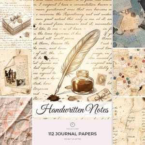 Könnte beinhalten: Eine digitale Sammlung von 112 Journal-Papieren mit dem Titel Handwritten Notes, die Schreibwaren im Vintage-Stil mit kursiver Schrift, tintenfleckigem Pergament, Federkielen, Tintenfässern, wachssiegelten Umschlägen und gealterten Papiertexturen zeigt.