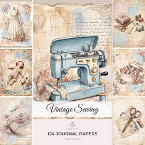 Puede incluir: Una colección de 124 papeles de diario de costura vintage con una máquina de coser azul claro, patrones de vestidos, una muñeca, bordados florales en un bastidor, carretes de hilo, un alfiletero y tijeras sobre papel envejecido con el texto Vintage Sewing.