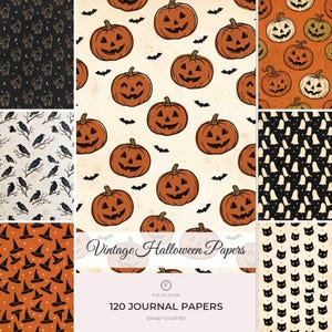 Könnte beinhalten: Eine Sammlung digitaler Papiere mit Halloween-Mustern, darunter Kürbisse, schwarze Katzen, Krähen auf Zweigen, Geister und Hexenhüte. Das mittlere Feld zeigt orangefarbene Kürbisse und schwarze Fledermäuse auf cremefarbenem Hintergrund mit dem Text Vintage Halloween Papers und 120 Journal Papers 300dpi US Letter.