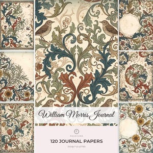 Könnte beinhalten: Eine Sammlung von 120 Journal-Papieren mit dem Titel William Morris Journal, die komplizierte botanische Muster mit geschwungenen Akanthusblättern in Blau-, Grün- und Rosttönen auf cremefarbenem Grund zeigen, akzentuiert durch Illustrationen kleiner Vögel.