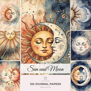 Könnte beinhalten: Eine Sammlung von 120 Journal-Papieren mit dem Titel Sun and Moon, die Aquarellillustrationen von himmlischen Sonnen- und Mondgesichtern, Sternen, Sternbildern und Schrifttext auf verschiedenen Hintergründen in Blau-, Orange- und Cremetönen zeigt.
