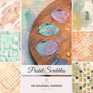 Könnte beinhalten: Eine digitale Sammlung mit dem Titel Pastel Scribbles, die 119 Journal-Papiere enthält. Das Bild zeigt eine Holzpalette mit pastellfarbenen Farbwirbeln sowie verschiedene Papiertexturen mit Aquarellwaschungen, Punkten, Gittern und botanischen Motiven.