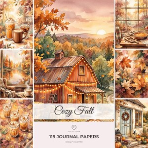 Könnte beinhalten: Eine digitale Sammlung von 119 Journal-Papieren mit dem Titel Cozy Fall, die Aquarellillustrationen von Herbstlandschaften, eine Scheune mit Lichterketten, Herbstlaub, Kaffeegetränke, einen Kürbiskuchen und ein Haus mit Kürbissen zeigt.