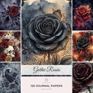 Könnte beinhalten: Eine Sammlung von 120 Journal-Papieren mit dem Titel Gothic Roses, die verschiedene Illustrationen von schwarzen und roten Rosen, Totenköpfen und Raben auf Aquarellhintergründen mit Spitzenmustern und okkult inspirierten Linien zeigt.