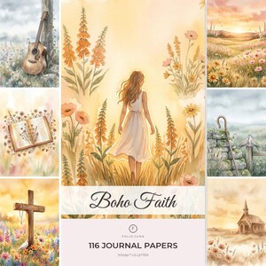 Könnte beinhalten: Eine digitale Sammlung von 116 Journal-Papieren mit dem Titel Boho Faith, die Aquarellillustrationen einer Person auf einem Feld, einer Gitarre, einem offenen Buch, einem Holzkreuz, einer Steinmauer mit Vögeln und einer Kirche zeigt.
