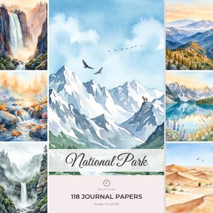Könnte beinhalten: Eine Sammlung von Aquarell-Landschaftsbildern mit Bergen, Wasserfällen, Seen und Wüsten. Das zentrale Bild zeigt schneebedeckte Gipfel mit Vögeln und einem Steinbock. Text: National Park, Folio Junk, 118 Journal Papers.