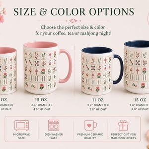 Peut inclure: Quatre tasses en c&eacute;ramique avec un motif de tuiles de mah-jong. Deux tasses ont des int&eacute;rieurs et des anses roses, tandis que deux ont des int&eacute;rieurs et des anses bleu fonc&eacute;. Les tasses de 11 oz mesurent 8,1 cm de diam&egrave;tre et 9,7 cm de hauteur. Les tasses de 15 oz mesurent 8,6 cm de diam&egrave;tre et 11,7 cm de hauteur.