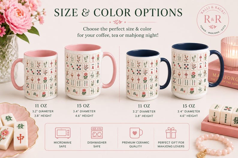 Peut inclure: Quatre tasses en c&eacute;ramique avec un motif de tuiles de mah-jong. Deux tasses ont des int&eacute;rieurs et des anses roses, tandis que deux ont des int&eacute;rieurs et des anses bleu fonc&eacute;. Les tasses de 11 oz mesurent 8,1 cm de diam&egrave;tre et 9,7 cm de hauteur. Les tasses de 15 oz mesurent 8,6 cm de diam&egrave;tre et 11,7 cm de hauteur.