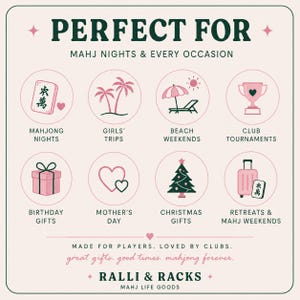Peut inclure: Un graphique carr&eacute; avec un fond rose clair et du texte vert fonc&eacute;. L'en-t&ecirc;te indique PERFECT FOR MAHJ NIGHTS & EVERY OCCASION. Huit ic&ocirc;nes circulaires repr&eacute;sentent des tuiles de mah-jong, des palmiers, des chaises de plage, des troph&eacute;es et des cadeaux.