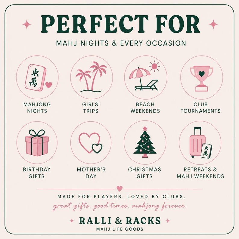 Peut inclure: Un graphique carr&eacute; avec un fond rose clair et du texte vert fonc&eacute;. L'en-t&ecirc;te indique PERFECT FOR MAHJ NIGHTS & EVERY OCCASION. Huit ic&ocirc;nes circulaires repr&eacute;sentent des tuiles de mah-jong, des palmiers, des chaises de plage, des troph&eacute;es et des cadeaux.